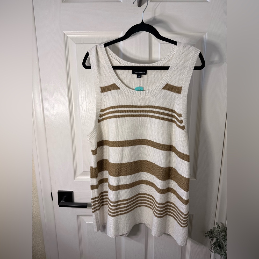 Petite Sophisticate White & Brown Striped Knit Tank Top
